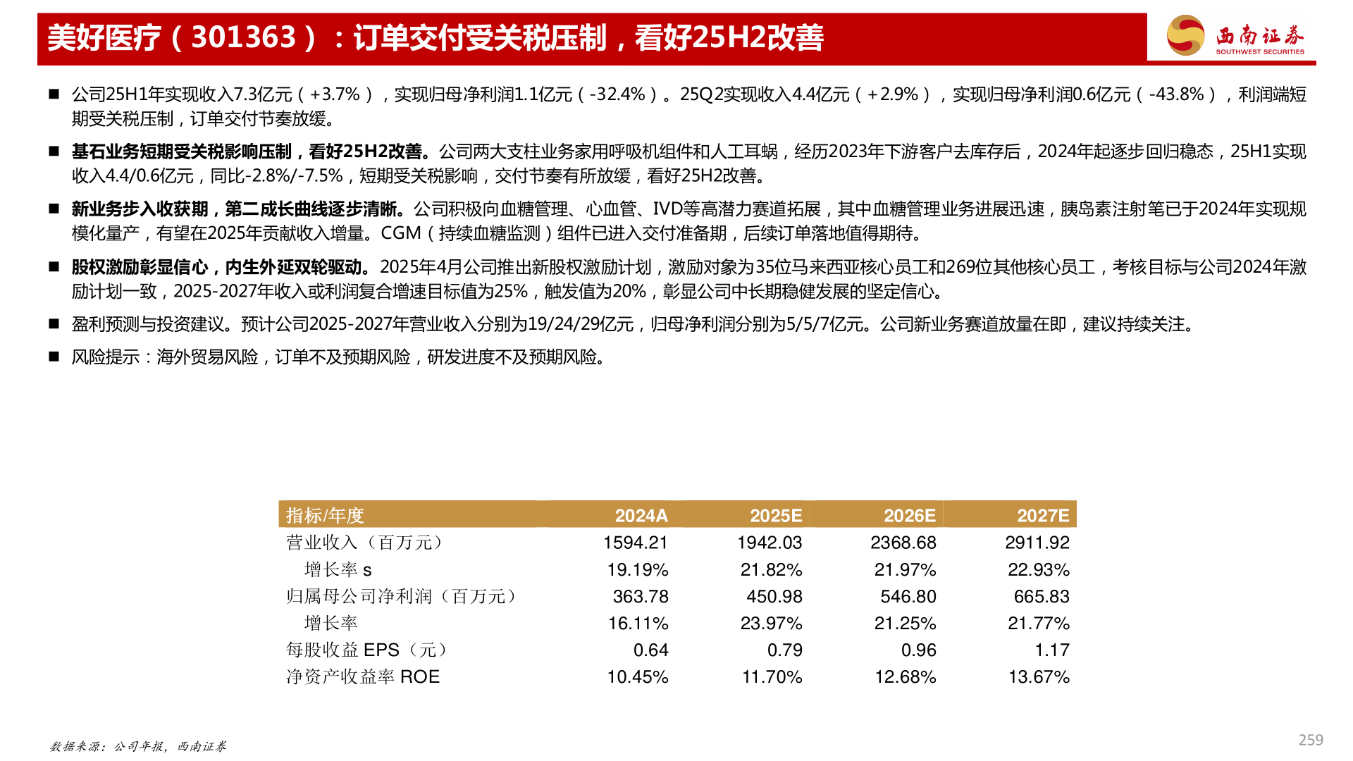 如何看待美好医疗（301363）：订单交付受关税压制，看好25H2改善