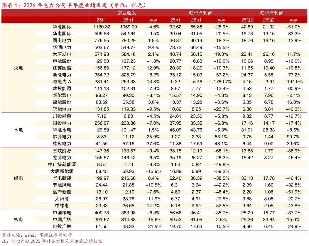如何看待2026 年电力公司半年度业绩表现（单位：亿元）