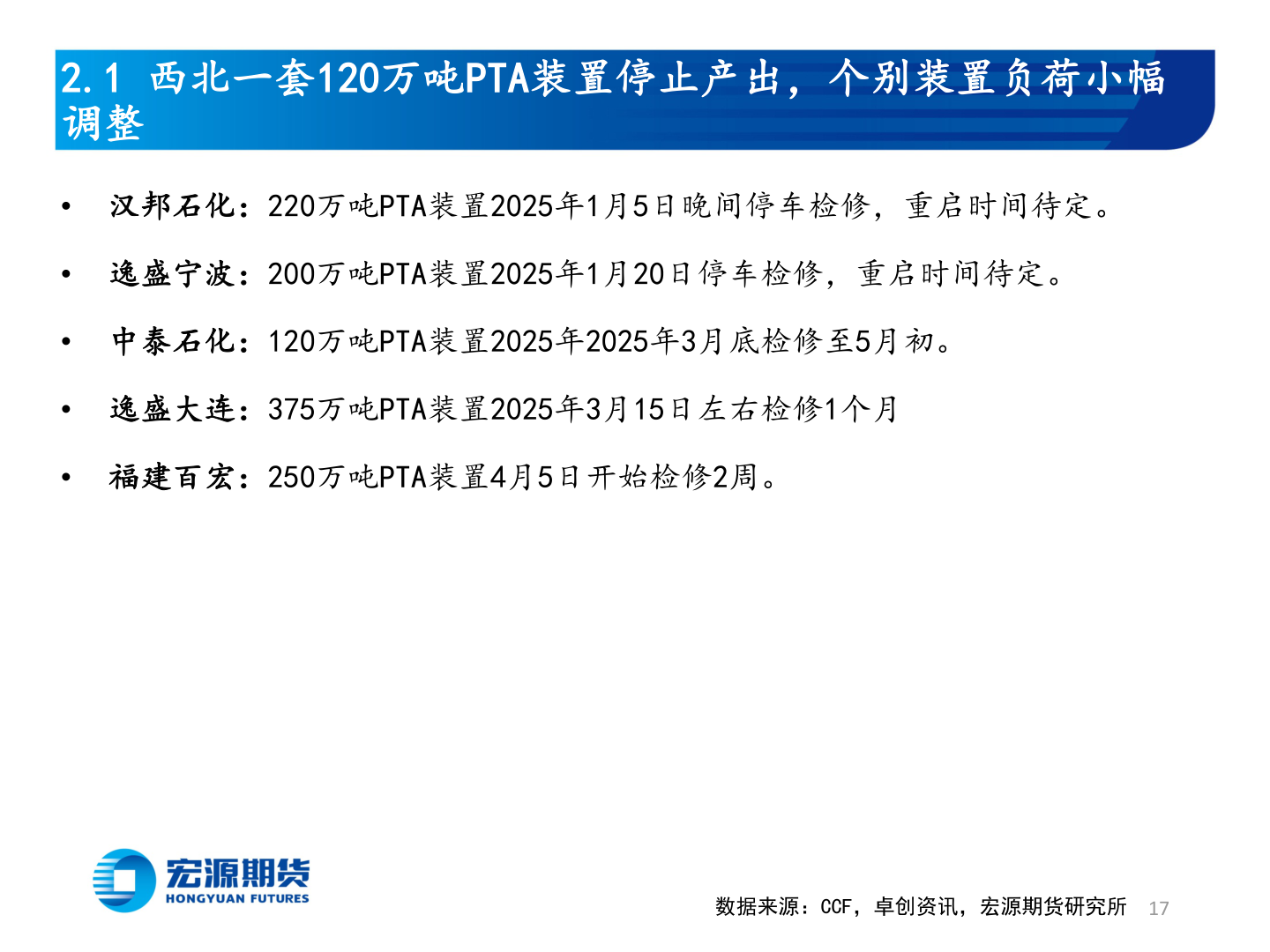谁能回答2.1 西北一套120万吨PTA装置停止产出，个别装置负荷小幅