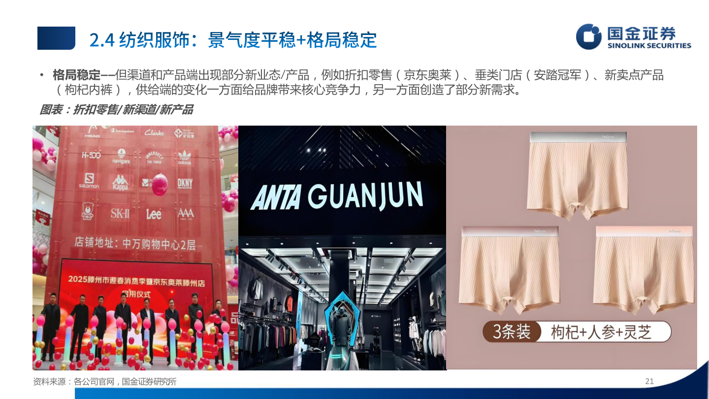 怎样理解• 格局稳定——但渠道和产品端出现部分新业态/产品，例如折扣零售（京东奥莱）、垂类门店（安踏冠军）、新卖点产品