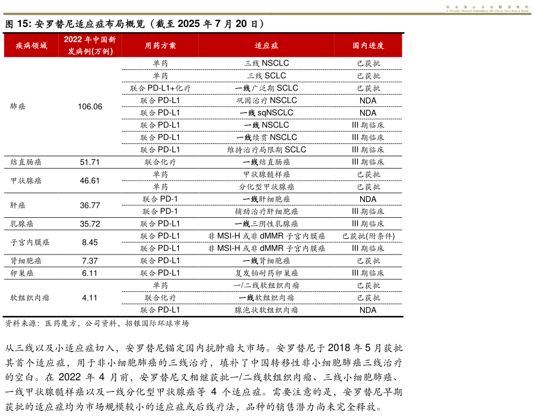 咨询下各位安罗替尼适应症布局概览（截至 2025 年 7 月 20 日）