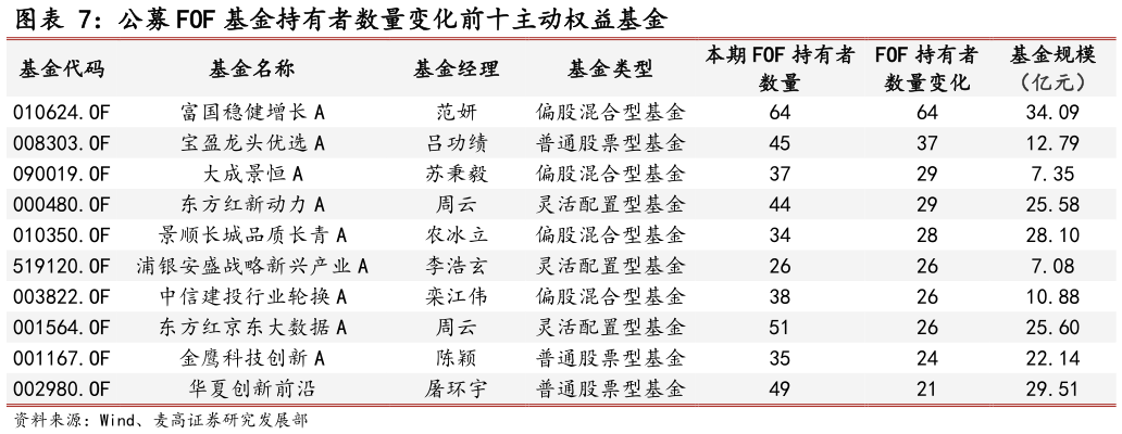 各位网友请教一下公募 FOF 基金持有者数量变化前十主动权益基金
