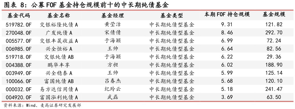 谁能回答公募 FOF 基金持仓规模前十的中长期纯债基金