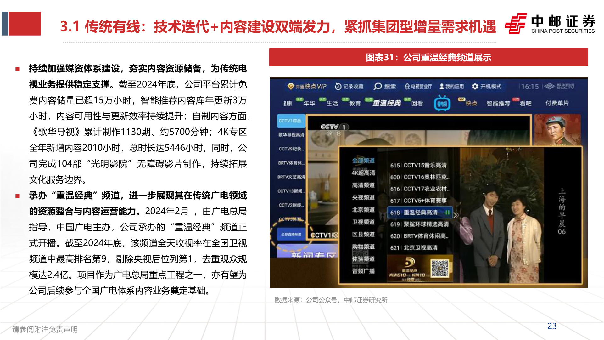 一起讨论下3.1 传统有线：技术迭代+内容建设双端发力，紧抓集团型增量需求机遇