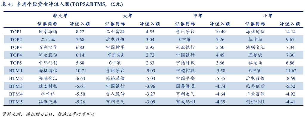 怎样理解本周个股资金净流入额TOP5BTM5,亿元?