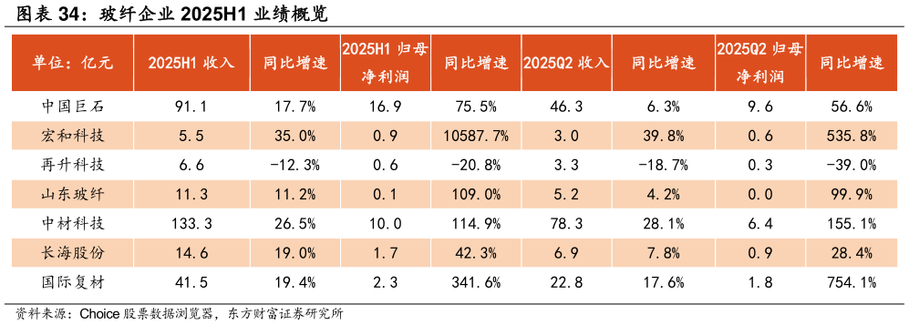 咨询大家玻纤企业 2025H1 业绩概览