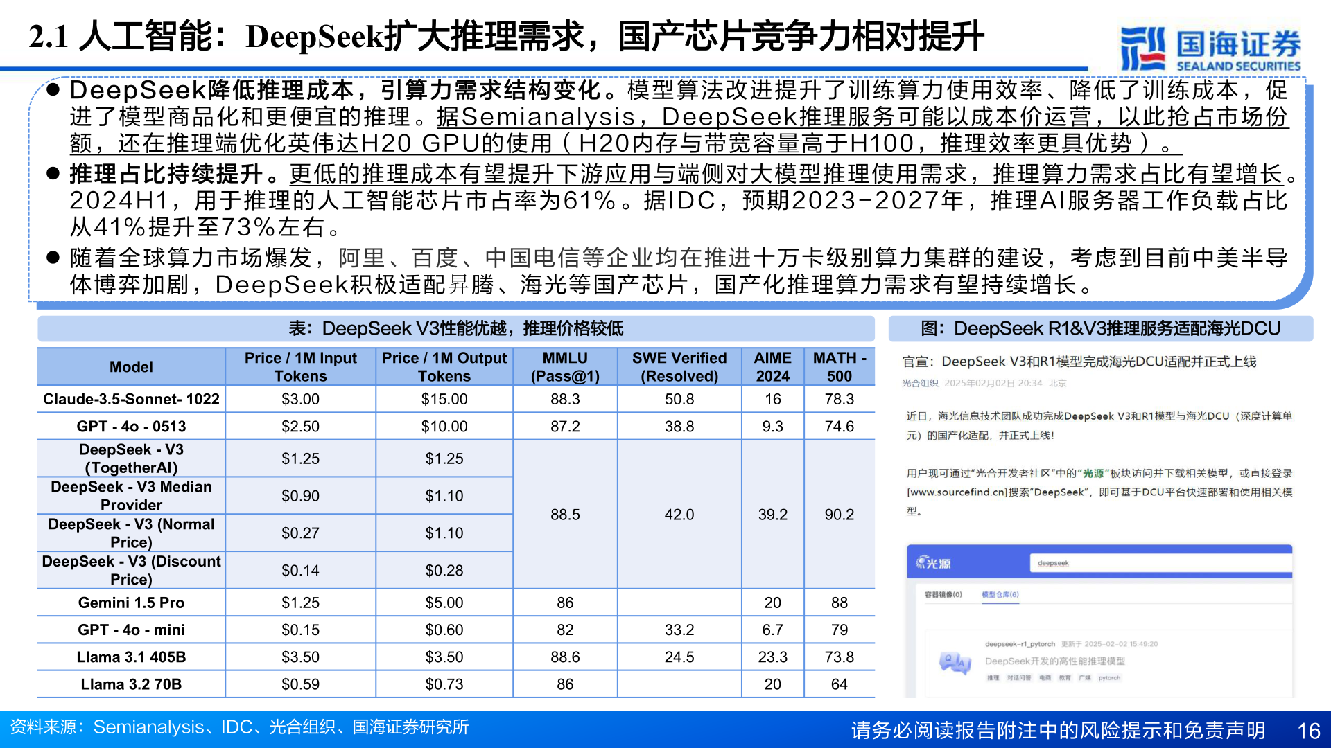 咨询下各位2.1 人工智能：DeepSeek扩大推理需求，国产芯片竞争力相对提升
