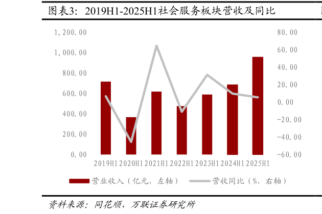 如何解释2019H1-2025H1社会服务板块营收及同比