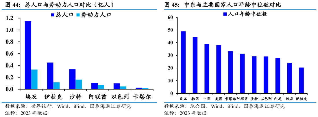 我想了解一下总人口与劳动力人口对比（亿人）中东与主要国家人口年龄中位数对比