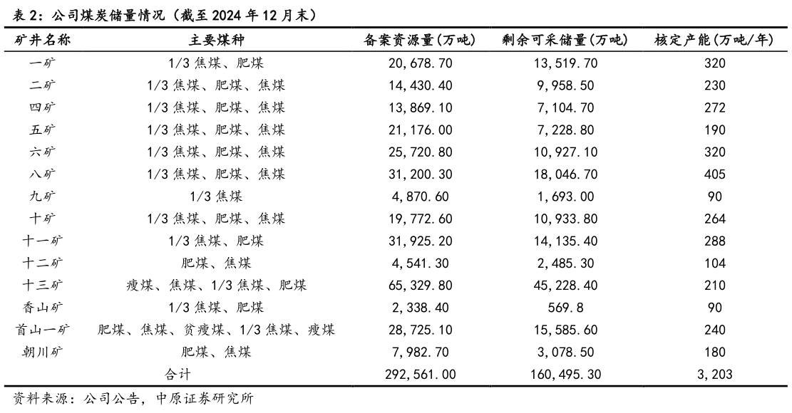 想问下各位网友公司煤炭储量情况（截至 2024 年 12 月末）