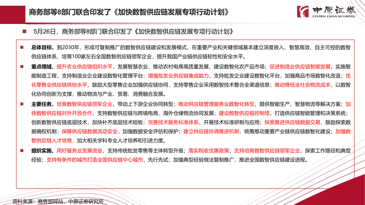 想关注一下商务部等8部门联合印发了《加快数智供应链发展专项行动计划》