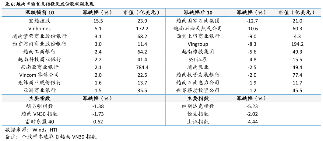 咨询下各位越南市场重点指数及成份股双周表现
