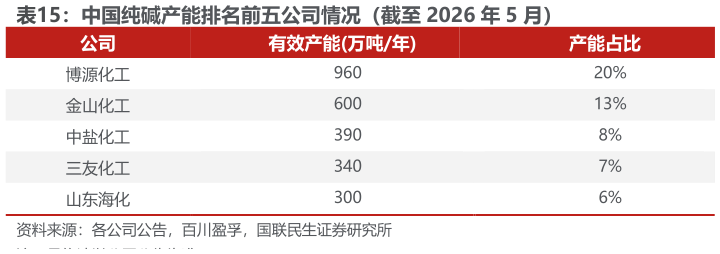 想问下各位网友中国纯碱产能排名前五公司情况（截至 2026 年 5 月）