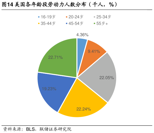 怎样理解美国各年龄段劳动力人数分布（千人，%）