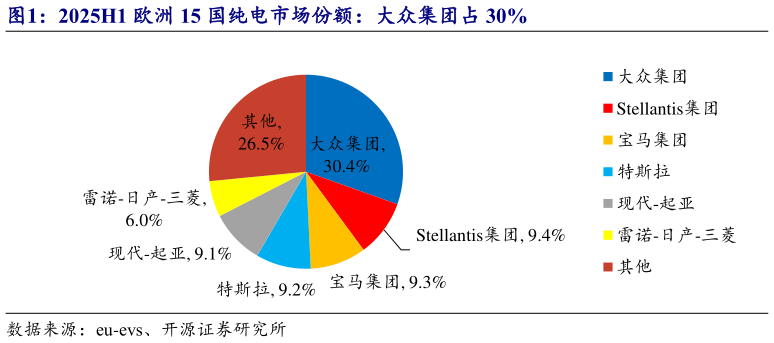 谁知道2025H1 欧洲 15 国纯电市场份额:大众集团占 30%?