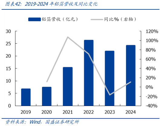想关注一下2019-2024年铝箔营收及同比变化