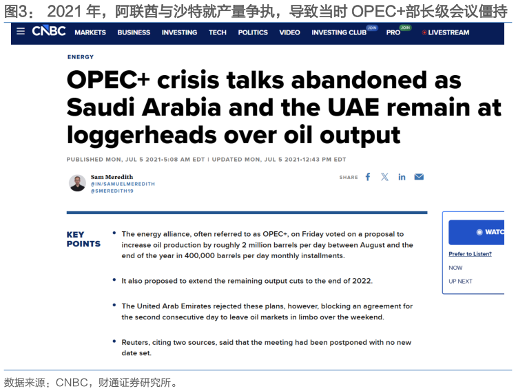 你知道2021 年，阿联酋与沙特就产量争执，导致当时 OPEC部长级会议僵持?