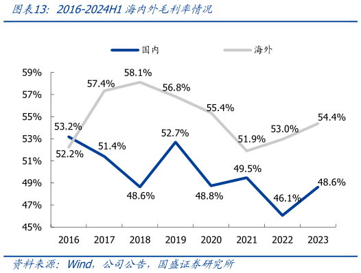 谁能回答2016-2024H1海内外毛利率情况?