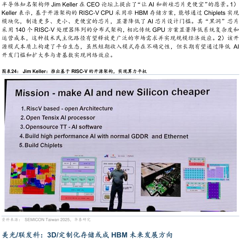 一起讨论下Jim Keller：推出基于 RISC-V 的开源架构，实现算力平权表示，基于开源架构的 RISC-V CPU 采用非 HBM 存储方案，能够通过 Chiplets 实现