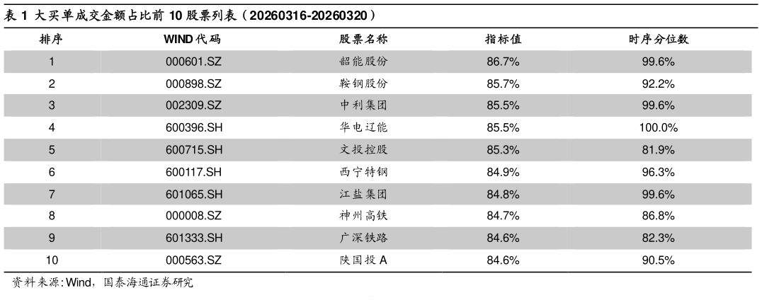 想关注一下大买单成交金额占比前 10 股票列表（20260316-20260320）