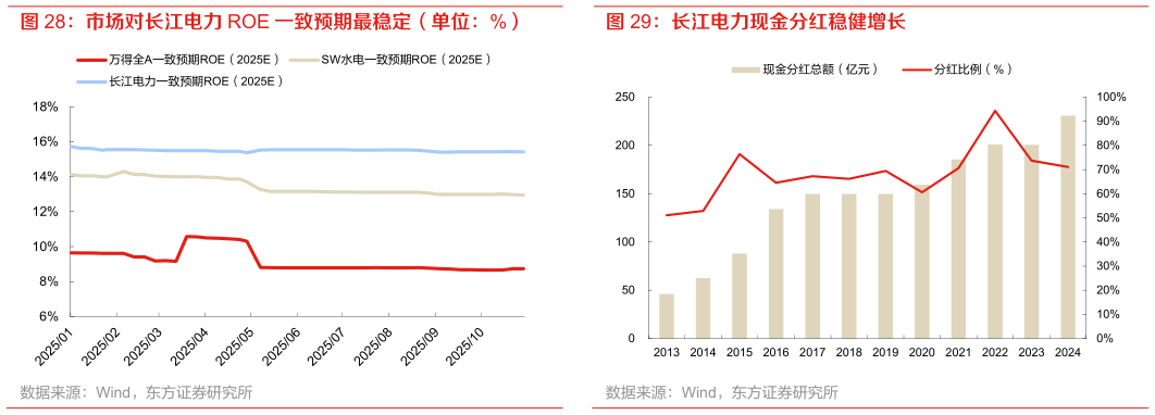 怎样理解市场对长江电力 ROE 一致预期最稳定（单位：%） 长江电力现金分红稳健增长