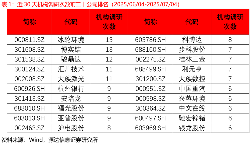 如何解释近 30 天机构调研次数前二十公司排名（20250604-20250704）
