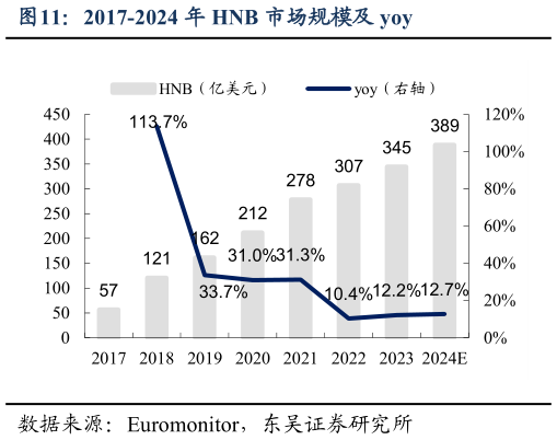 如何看待2017-2024 年 HNB 市场规模及 yoy