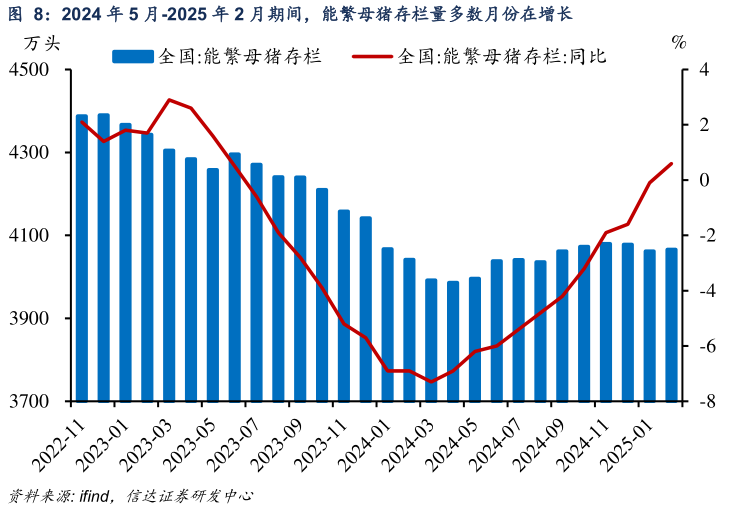 如何解释2024 年 5 月-2025 年 2 月期间，能繁母猪存栏量多数月份在增长