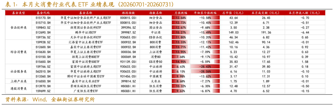 我想了解一下本月大消费行业代表 ETF 业绩表现（20260701-20260731）