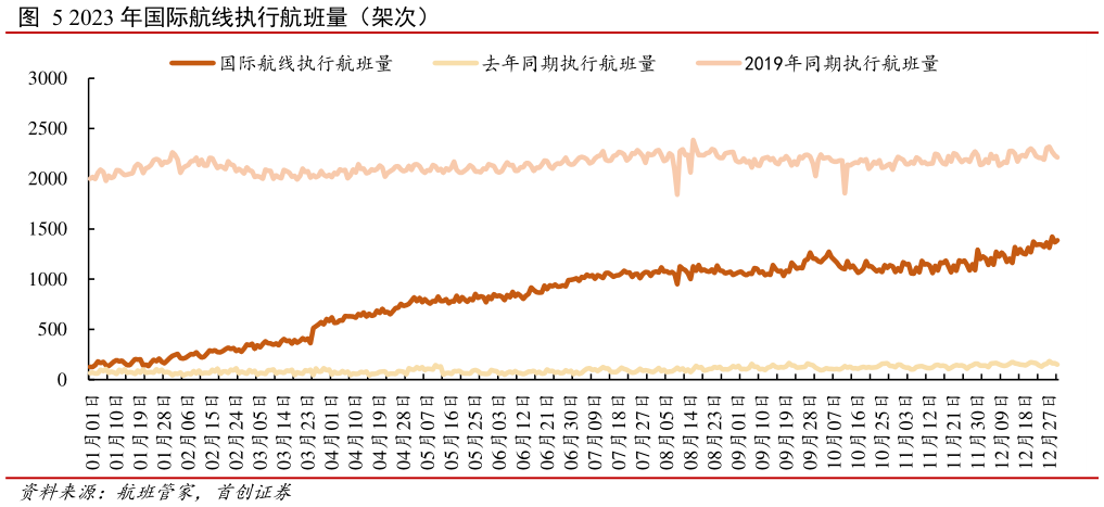 如何解释2023 年国际航线执行航班量(架次)?