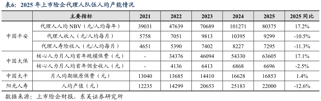 我想了解一下2025 年上市险企代理人队伍人均产能情况