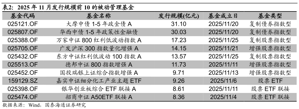 谁能回答2025 年 11 月发行规模前 10 的被动管理基金