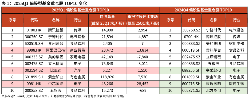 咨询下各位2025Q1 偏股型基金重仓股 TOP10 变化?