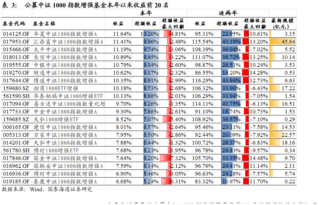 想关注一下公募中证 1000 指数增强基金本年以来收益前 20 名