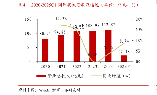 咨询下各位2020-2025Q1 国网英大营收及增速（单位：亿元、%）