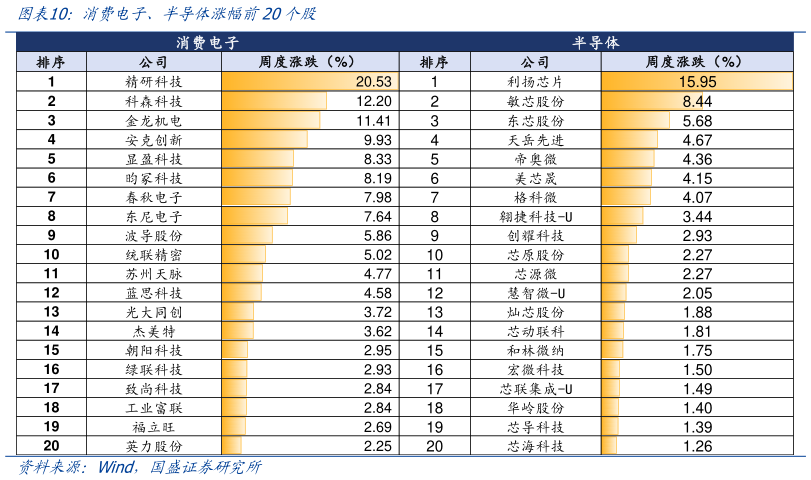 各位网友请教一下消费电子、半导体涨幅前20个股