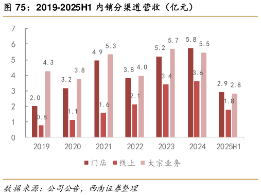 各位网友请教一下2019-2025H1 内销分渠道营收（亿元）