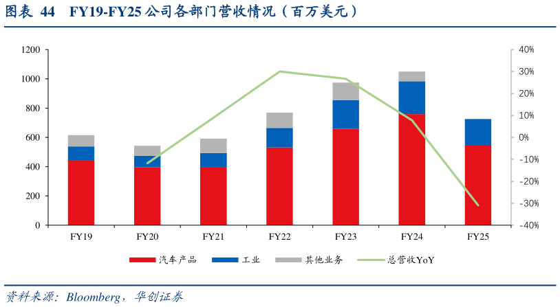 谁能回答FY19-FY25 公司各部门营收情况（百万美元）