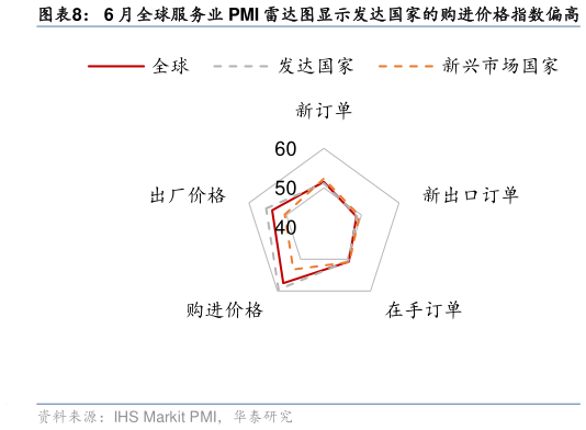 我想了解一下6 月全球服务业 PMI 雷达图显示发达国家的购进价格指数偏高