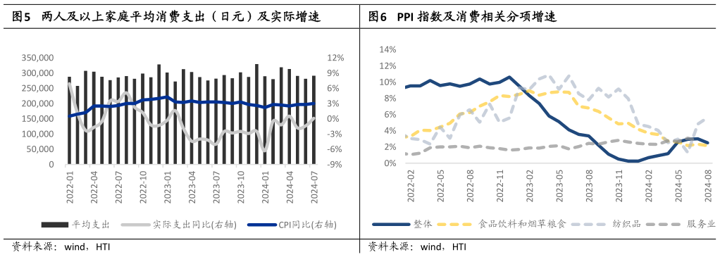怎样理解两人及以上家庭平均消费支出（日元）及实际增速 PPI 指数及消费相关分项增速
