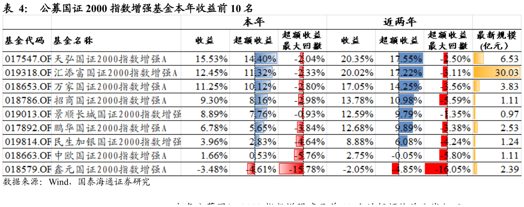 咨询下各位公募国证 2000 指数增强基金本年收益前 10 名