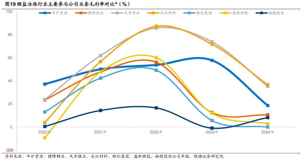 如何解释锂盐冶炼行业主要参与公司业务毛利率对比4（%）