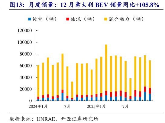 想关注一下月度销量：12 月意大利 BEV 销量同比105.8%