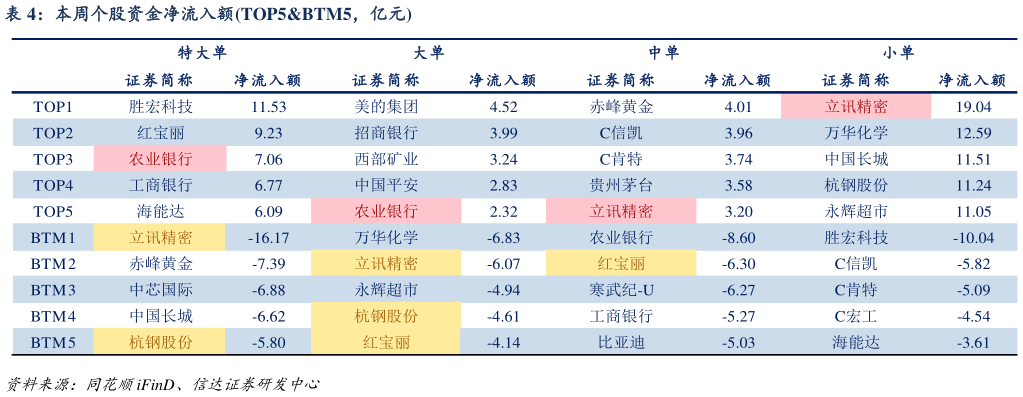 咨询大家本周个股资金净流入额TOP5BTM5,亿元?