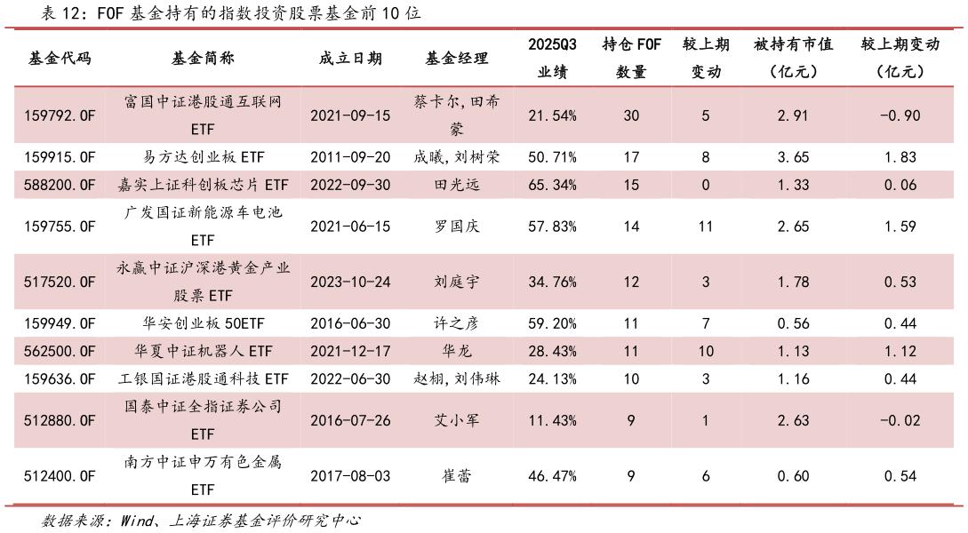咨询大家FOF 基金持有的指数投资股票基金前 10 位