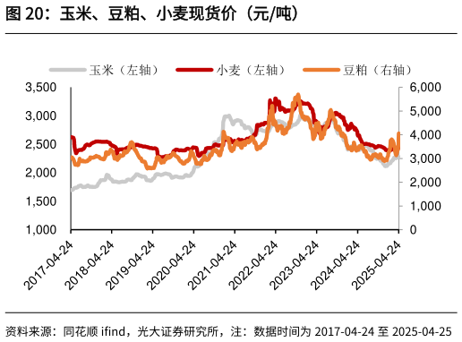 想关注一下玉米、豆粕、小麦现货价（元吨）?