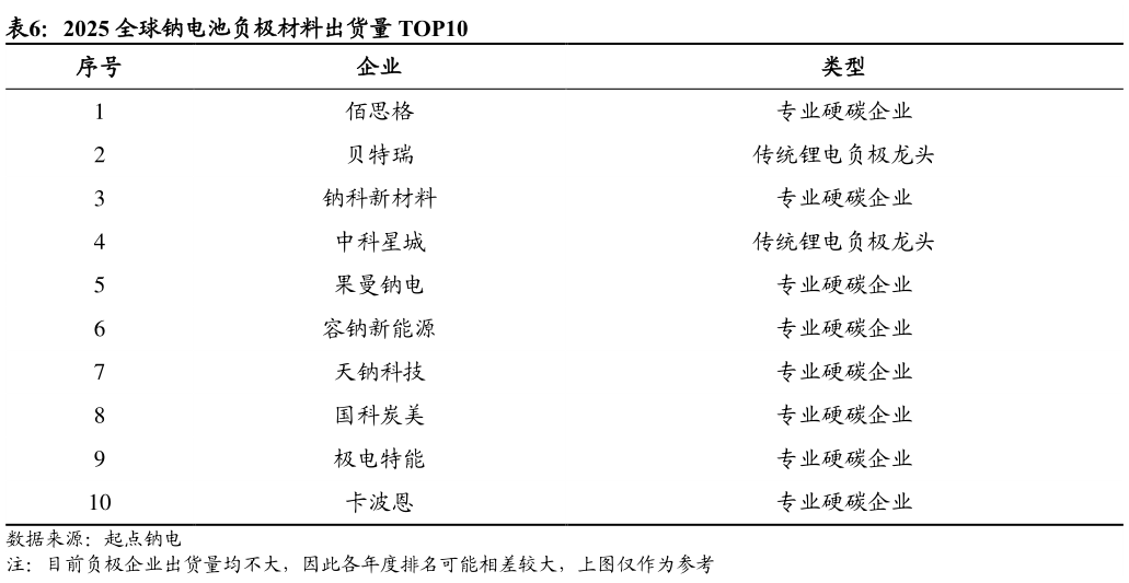 我想了解一下2025 全球钠电池负极材料出货量 TOP10