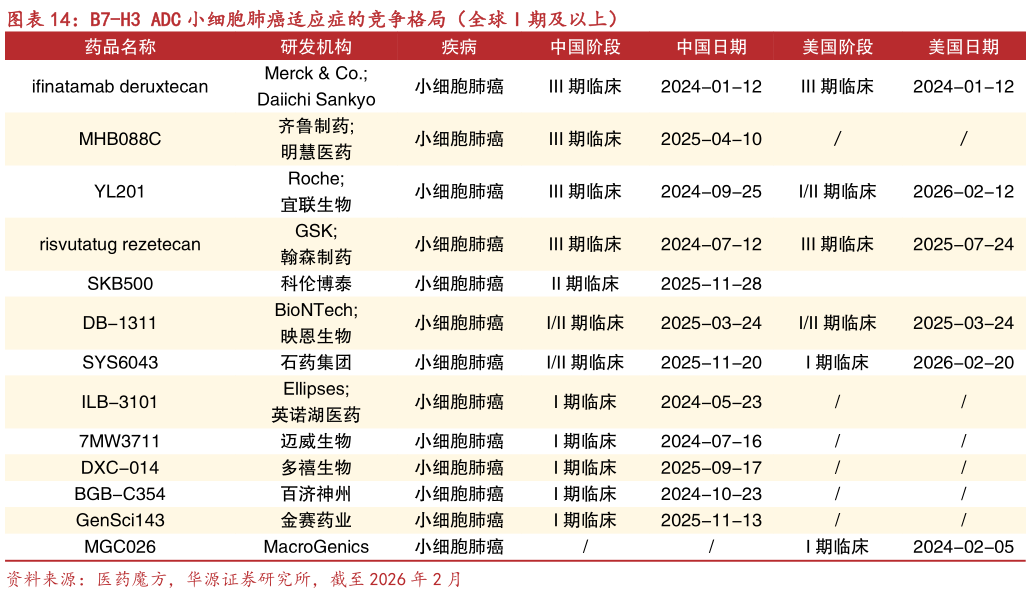 咨询下各位B7-H3 ADC 小细胞肺癌适应症的竞争格局（全球 I 期及以上）?