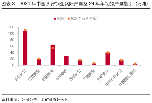 我想了解一下2024 年中国头部铜企实际产量及 24 年年初的产量指引(万吨) 2024 年中国铜企产量同比变化(万吨)?