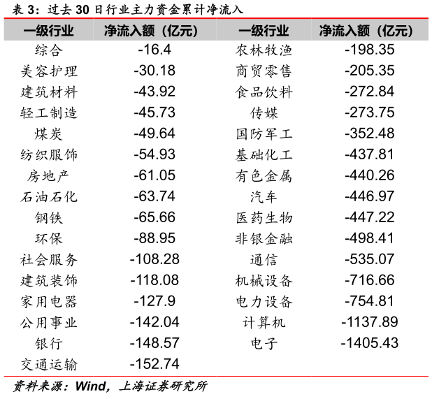 想问下各位网友过去 30 日行业主力资金累计净流入